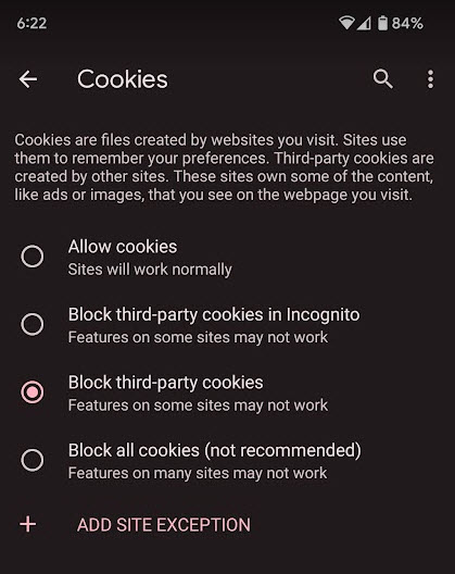 Chrome Allow Block Cookies - Android