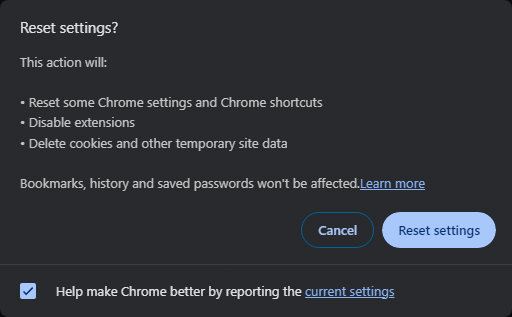 Confirm to reset Chrome