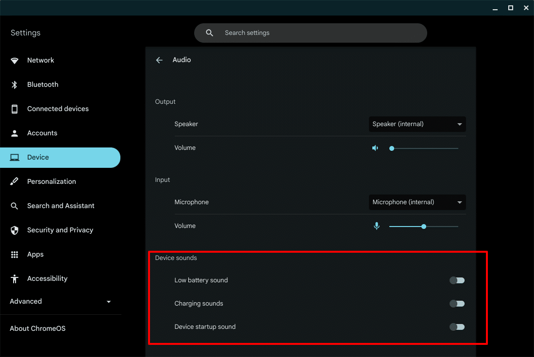 Chromebook audio toggles for system sounds