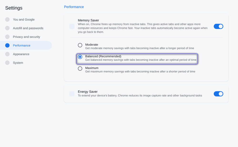 Chrome Performance settings with Memory Saver on and the Balanced level selected